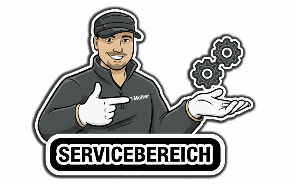 Comic-Illustration von Mark Molter (M1Molter) präsentiert den Servicebereich mit zwei grauen Zahnrädern als Symbol für Technik und Hilfe.