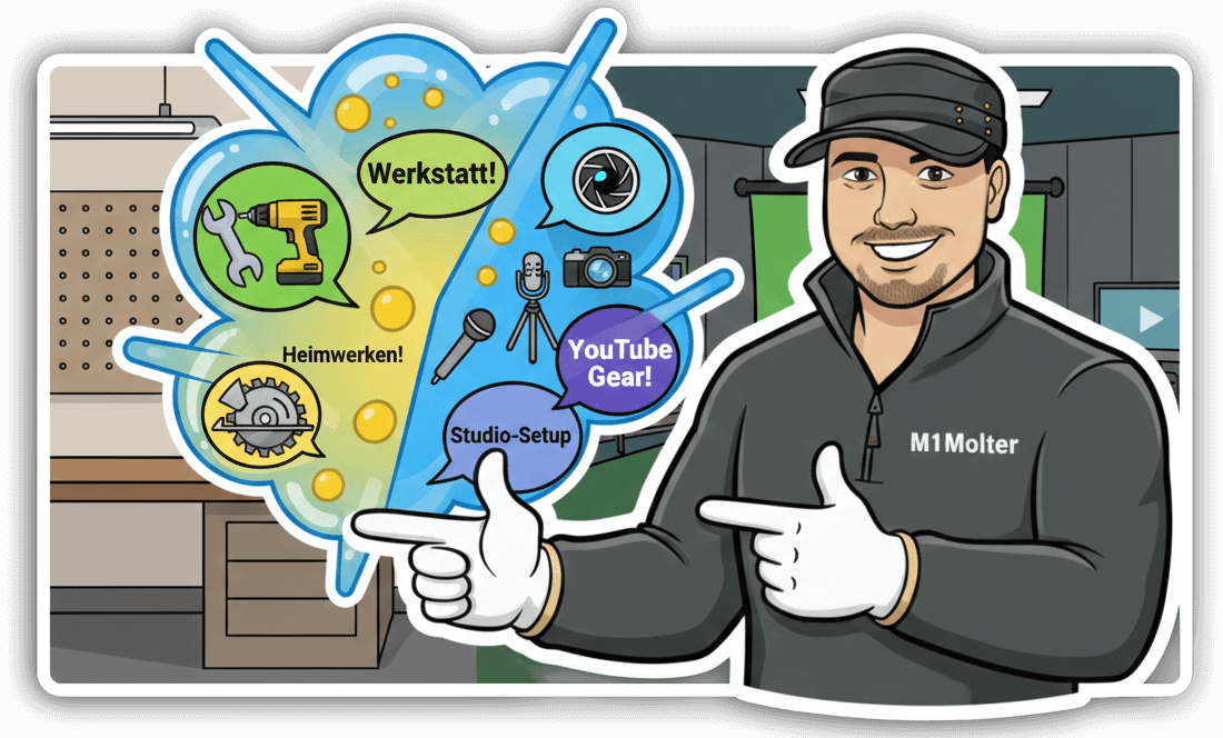 Comic-Illustration von Mark Molter M1Molter mit Symbolen für Werkzeug, Heimwerken und Video-Equipment für YouTube