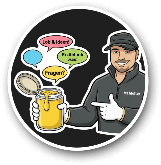 Kleines Logo-Männchen mit einem Senfglas – Link zum Gästebuch ‚Gib deinen Senf dazu‘.