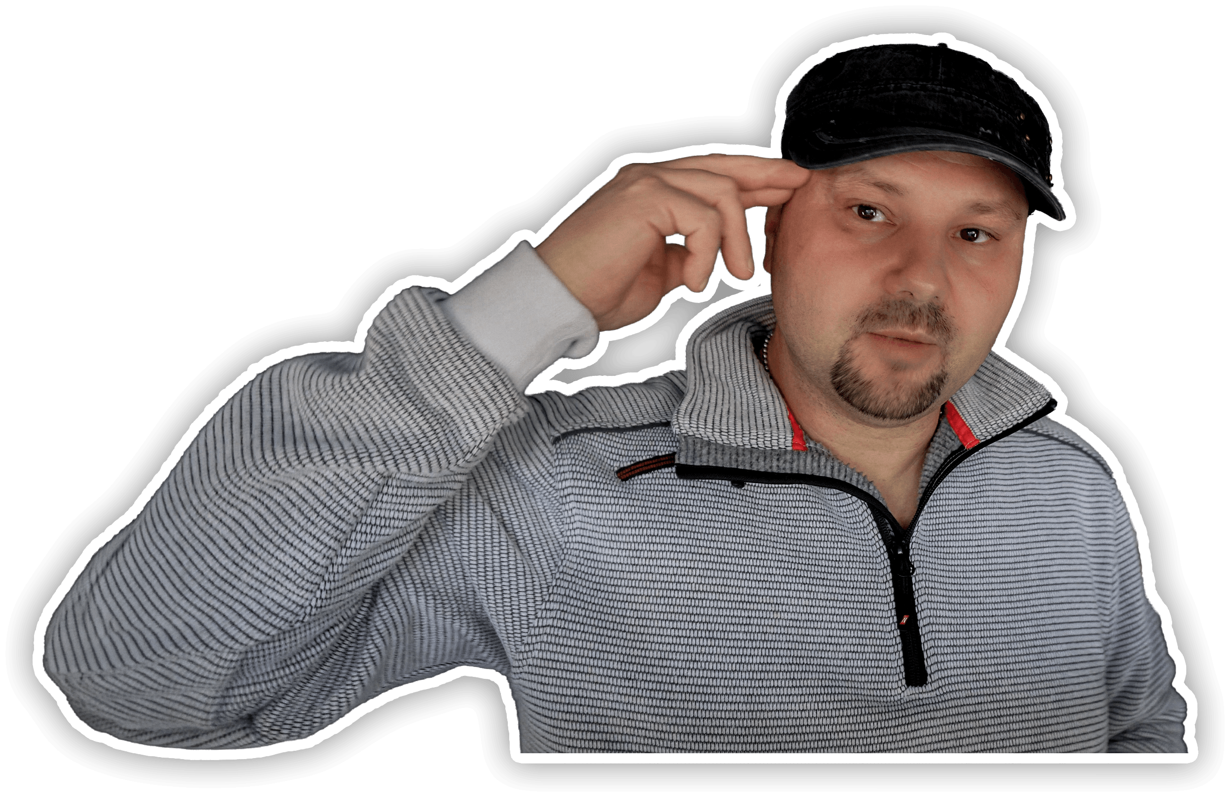 Mark Molter grüßt zum Abschied, indem er die Hand an seine Schirmmütze führt. Das Bild ist im Sticker-Stil mit weißem Rand freigestellt.