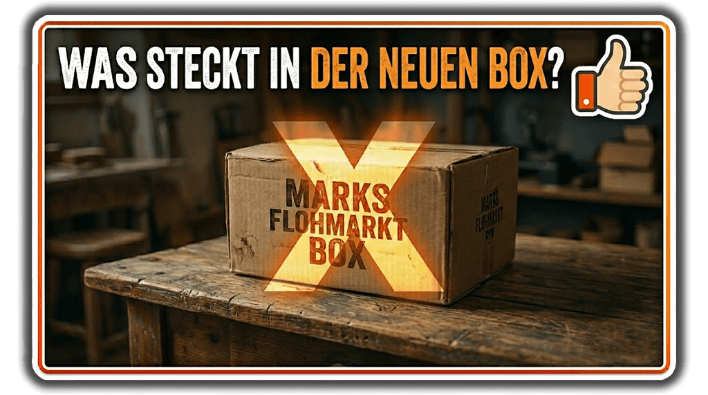 Vorschau-Bild für das Technik-Gewinnspiel: Eine rustikale Holzkiste namens Marks Flohmarkt-Box in einer Werkstatt. Der Text fragt nach dem neuen Inhalt und lädt zum exklusiven Unboxing auf der Homepage ein.